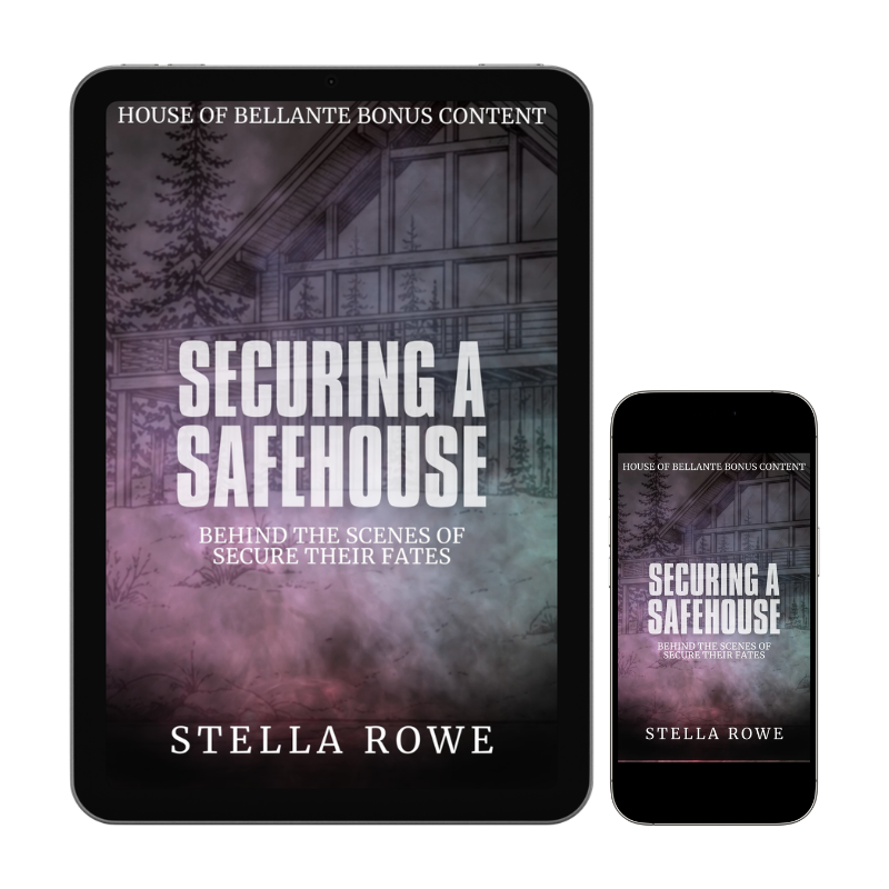 Cover of a book titled "Securing a Safehouse" by Stella Rowe, displayed on a tablet and a smartphone, with a background illustration of a house among trees.
