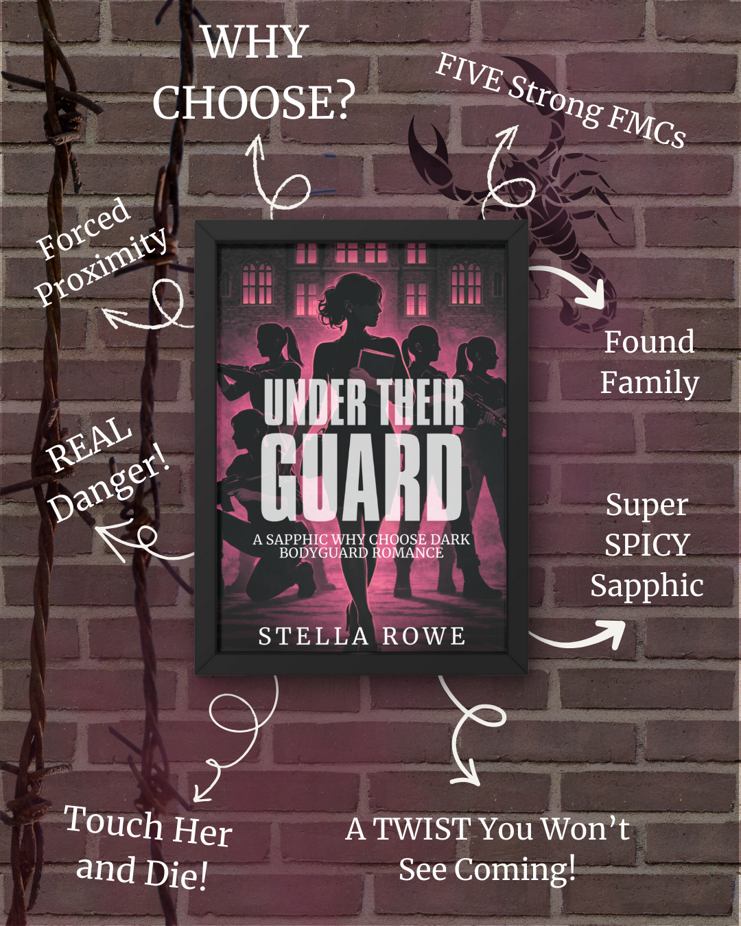 Book cover titled "Under Their Guard" by Stella Rowe, featuring silhouettes of armed women and the background of a building with pink lighting. Annotations around the image include phrases like "Why Choose?", "Forced Proximity", "Real Danger!", "Touch Her and Die!", "Five Strong FMCs", "Found Family", "Super SPICY", "Sapphic", and "A TWIST You Won’t See Coming!" against a brick wall with a rusted chain on the left.