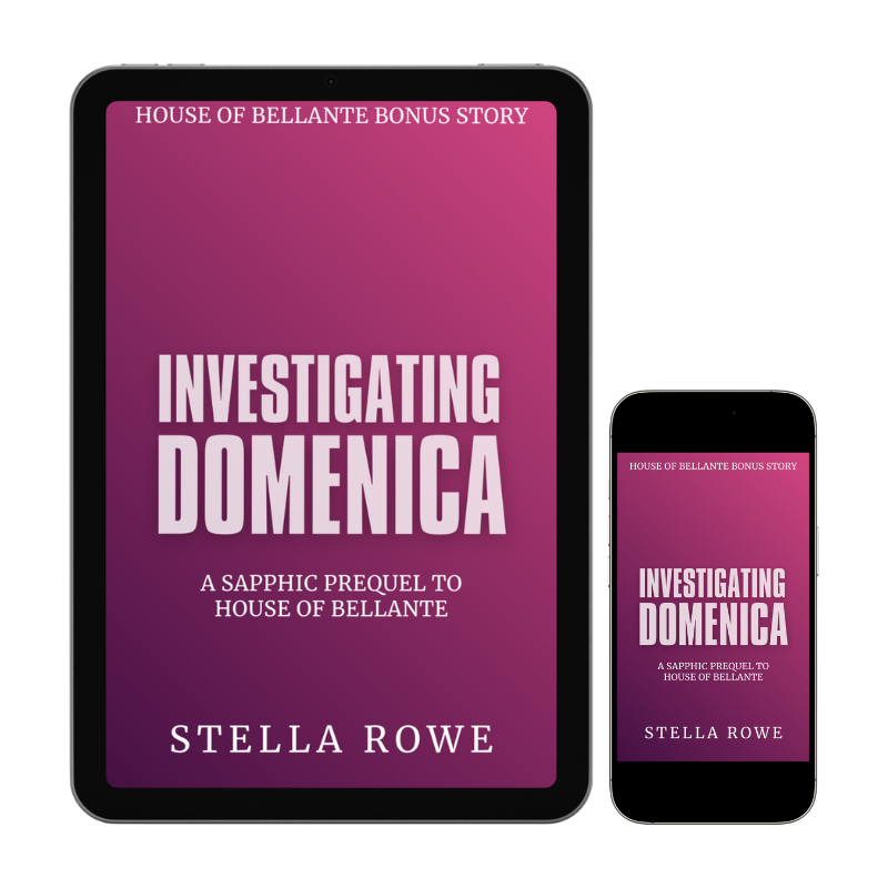 Ebook cover titled "Investigating Domenica" by Stella Rowe, displayed on a tablet and a smartphone, with a pink and purple gradient background and white text.