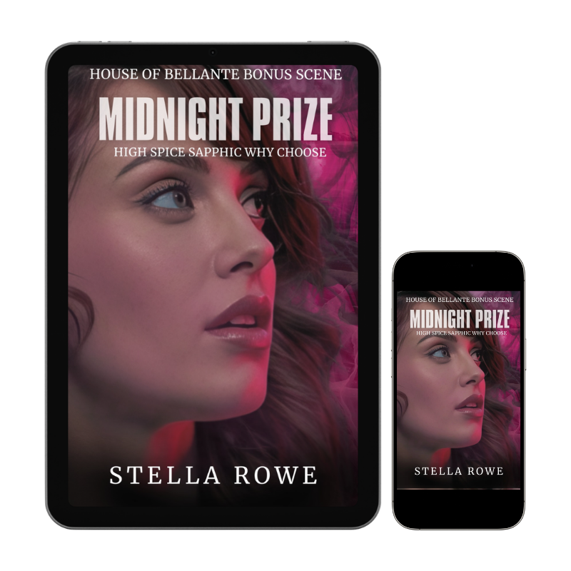 Book cover titled 'Midnight Prize' by Stella Rowe, featuring a close-up of a woman's face with long wavy hair and pink lighting effects, displayed on a tablet and a smartphone.