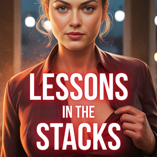 A woman with blonde hair and blue eyes in front of a mirror, with the text "Lessons in the Stacks" overlaid.