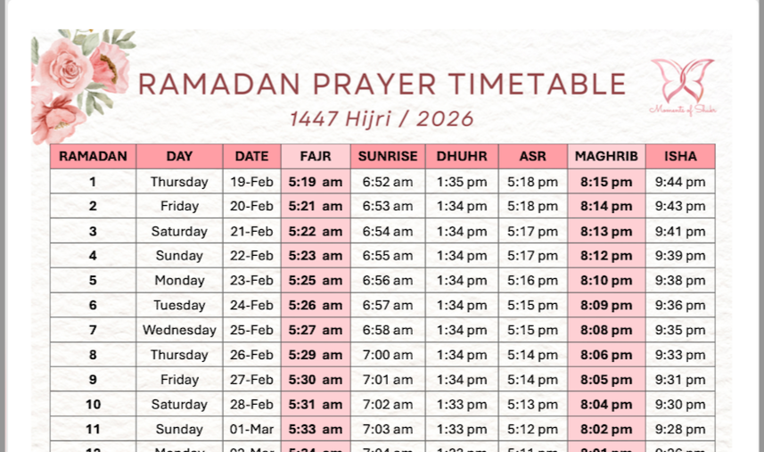 Ramadan Prayer Timetable 2026