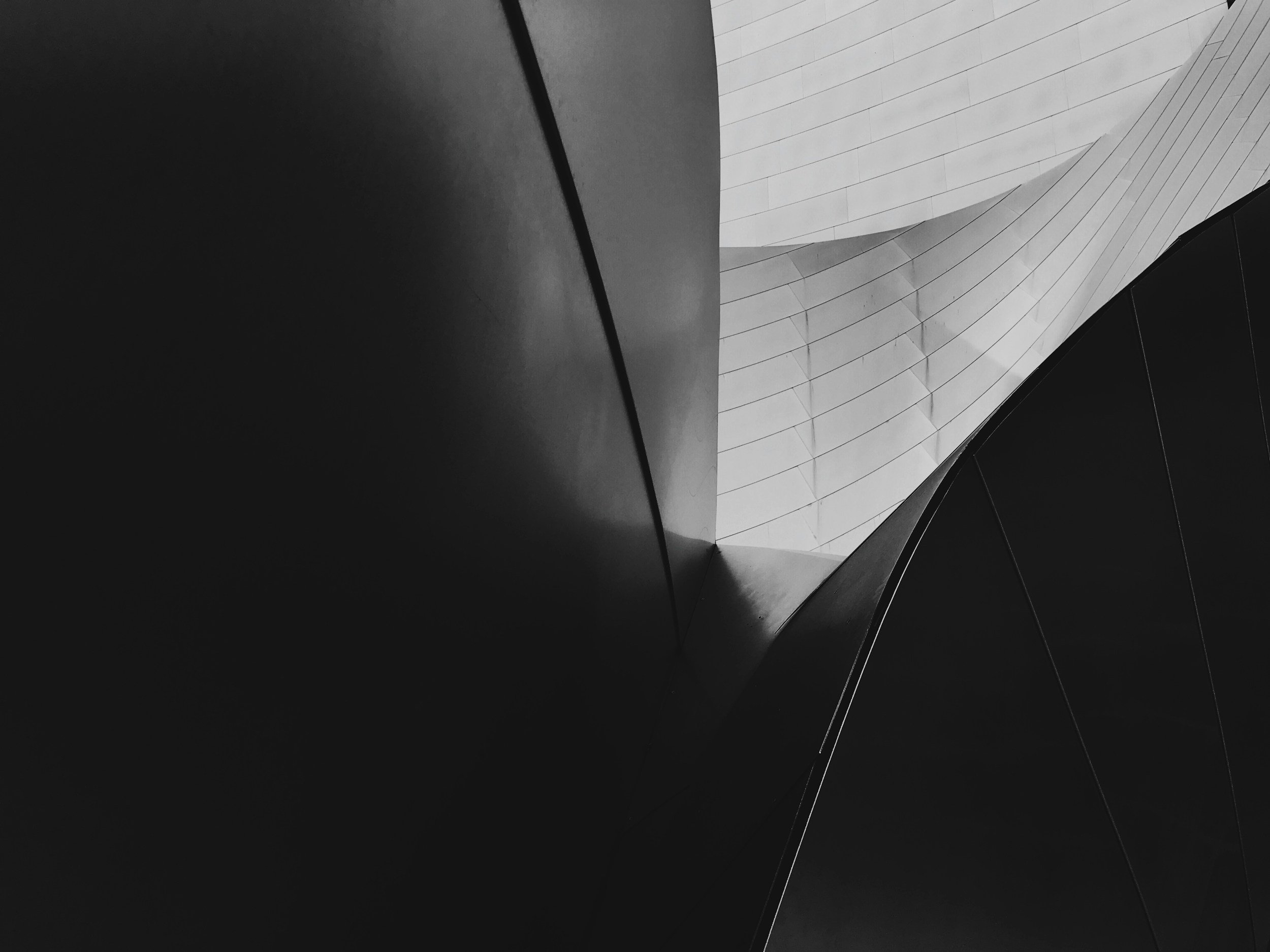 Abstract black and white photo of modern architectural curves and lines with light and shadow play.