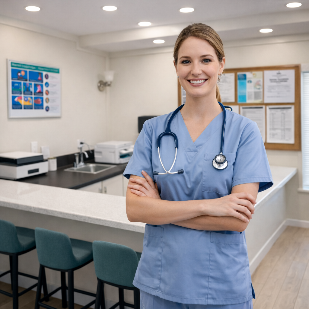 A smiling female nurse in blue scrubs with a stethoscope around her neck standing in a medical office or clinic.