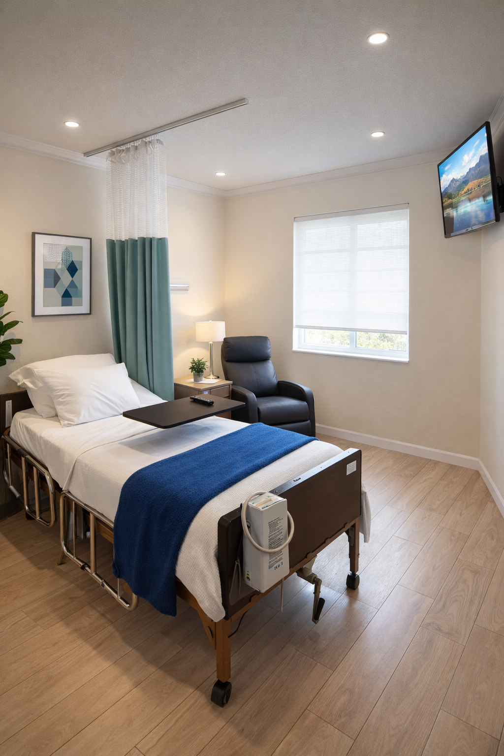 A hospital room featuring a bed with white linens and a blue blanket, a bedside table with a lamp and plant, a black recliner chair, a window with blinds, a mounted TV, and medical equipment attached to the bed.