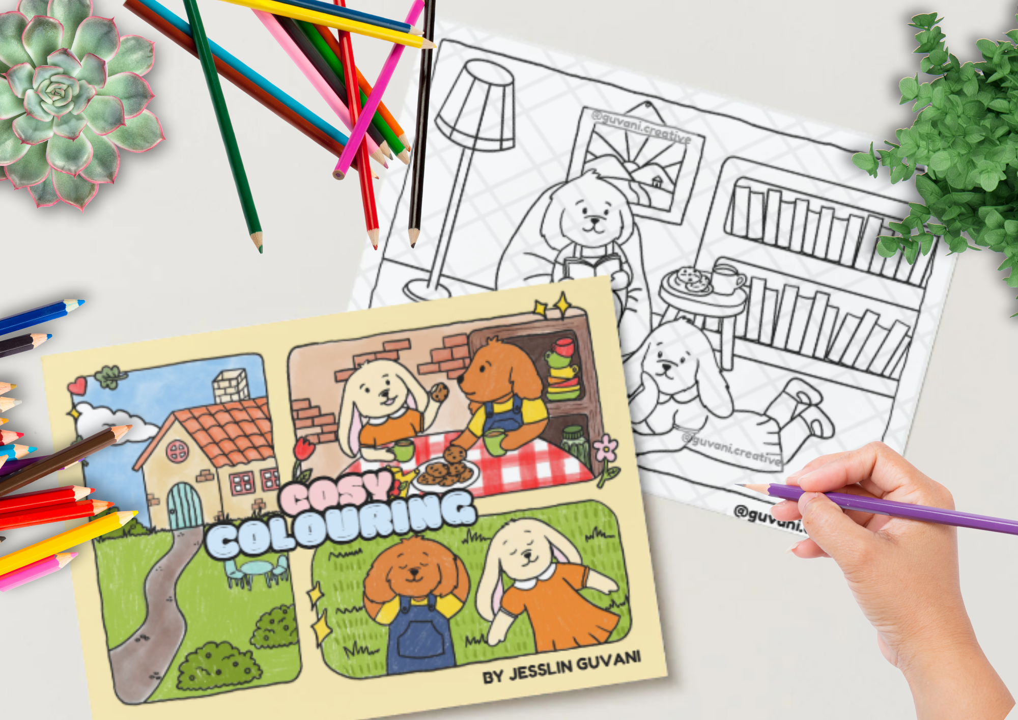 Downloadable digital cosy colouring pages