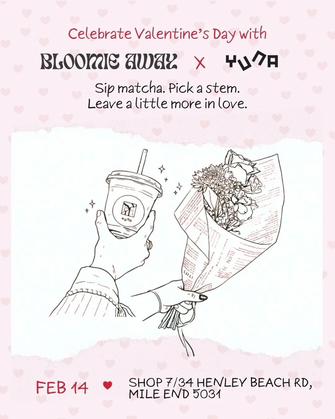 We can&rsquo;t wait to see you on Feb 14 at @yuna.adelaide where we&rsquo;ll be offering mini bouquets &amp; single stems paired with Yuna&rsquo;s signature matcha 🌹🍵 
 
Come and grab this match made in heaven 💘 

#adelaideflorist #adelaideflowers