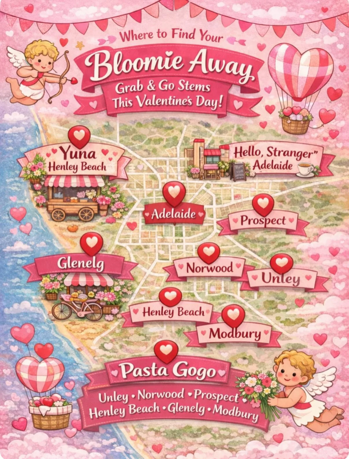 Send this to your bf or bff 💘

‼️ Tomorrow only! Find your Bloomie Away grab &amp; go stems all over Adelaide:

💚 Yuna &ndash; Henley Beach
Matcha + bouquet pop-up moment 🍵💐

🤍 Hello, Stranger &ndash; Adelaide City
Add-on a bunch or single stem 