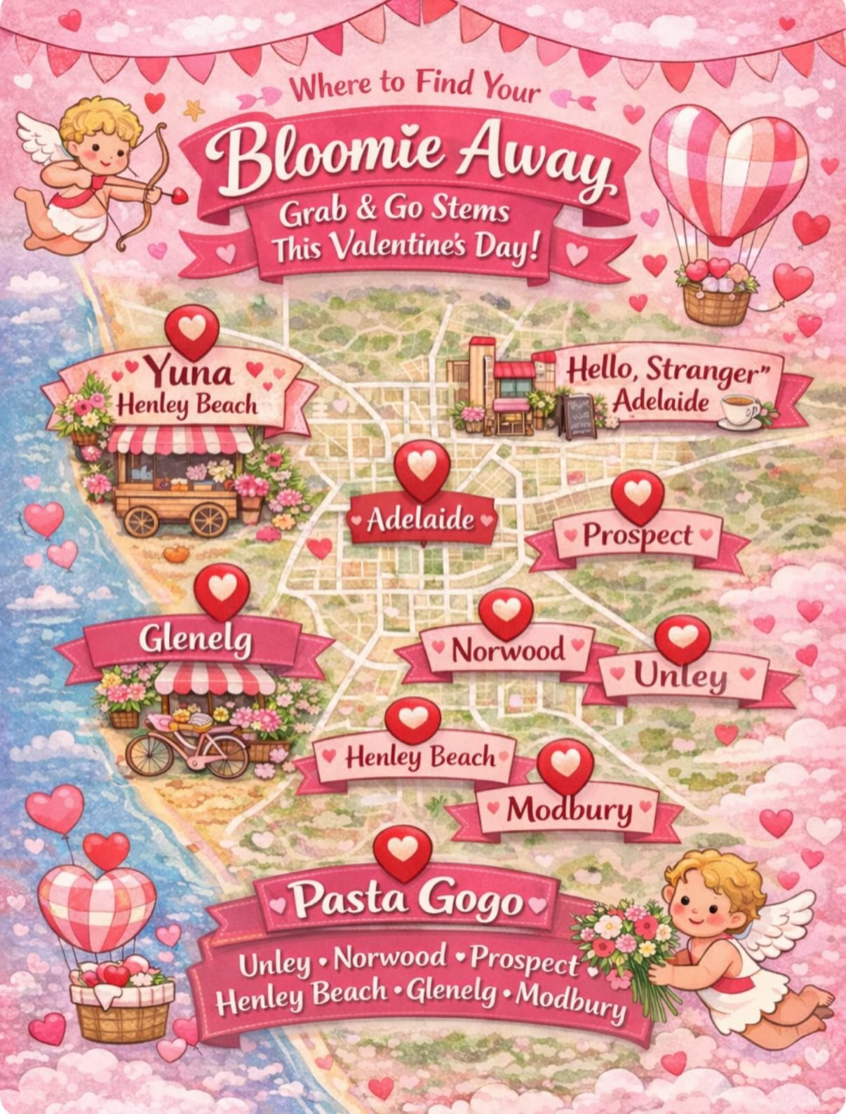 Send this to your bf or bff 💘

‼️ Tomorrow only! Find your Bloomie Away grab &amp; go stems all over Adelaide:

💚 Yuna &ndash; Henley Beach
Matcha + bouquet pop-up moment 🍵💐

🤍 Hello, Stranger &ndash; Adelaide City
Add-on a bunch or single stem 