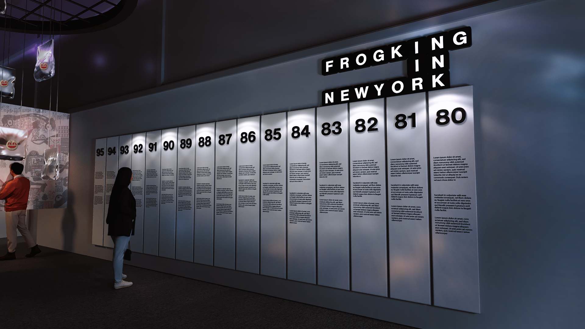 People standing in front of a wall display with numbered panels and text, featuring the words 'FROG KING' and 'NEW YORK' at the top.