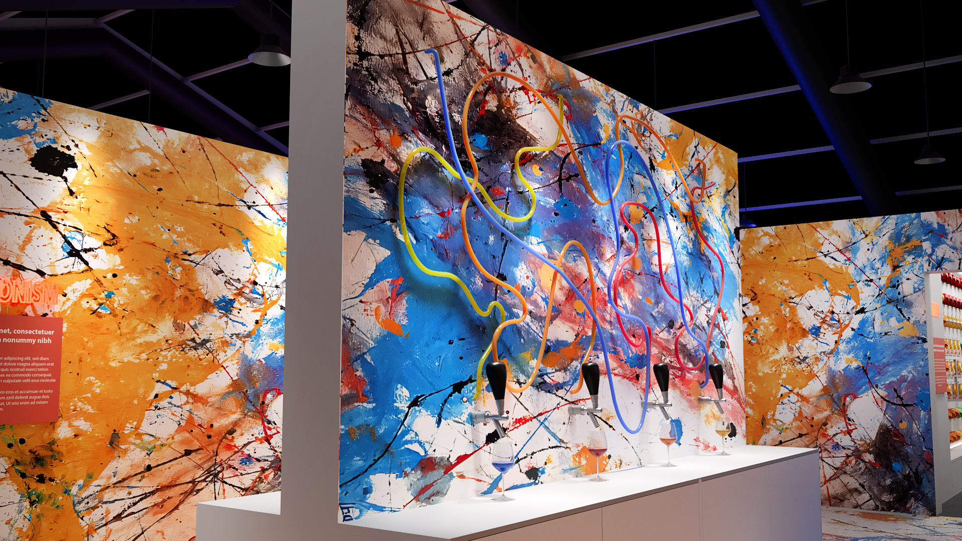 Colorful abstract art display with dripping paint and neon tubing on a wall, featuring orange, blue, black, and red splashes, in an art gallery or store.