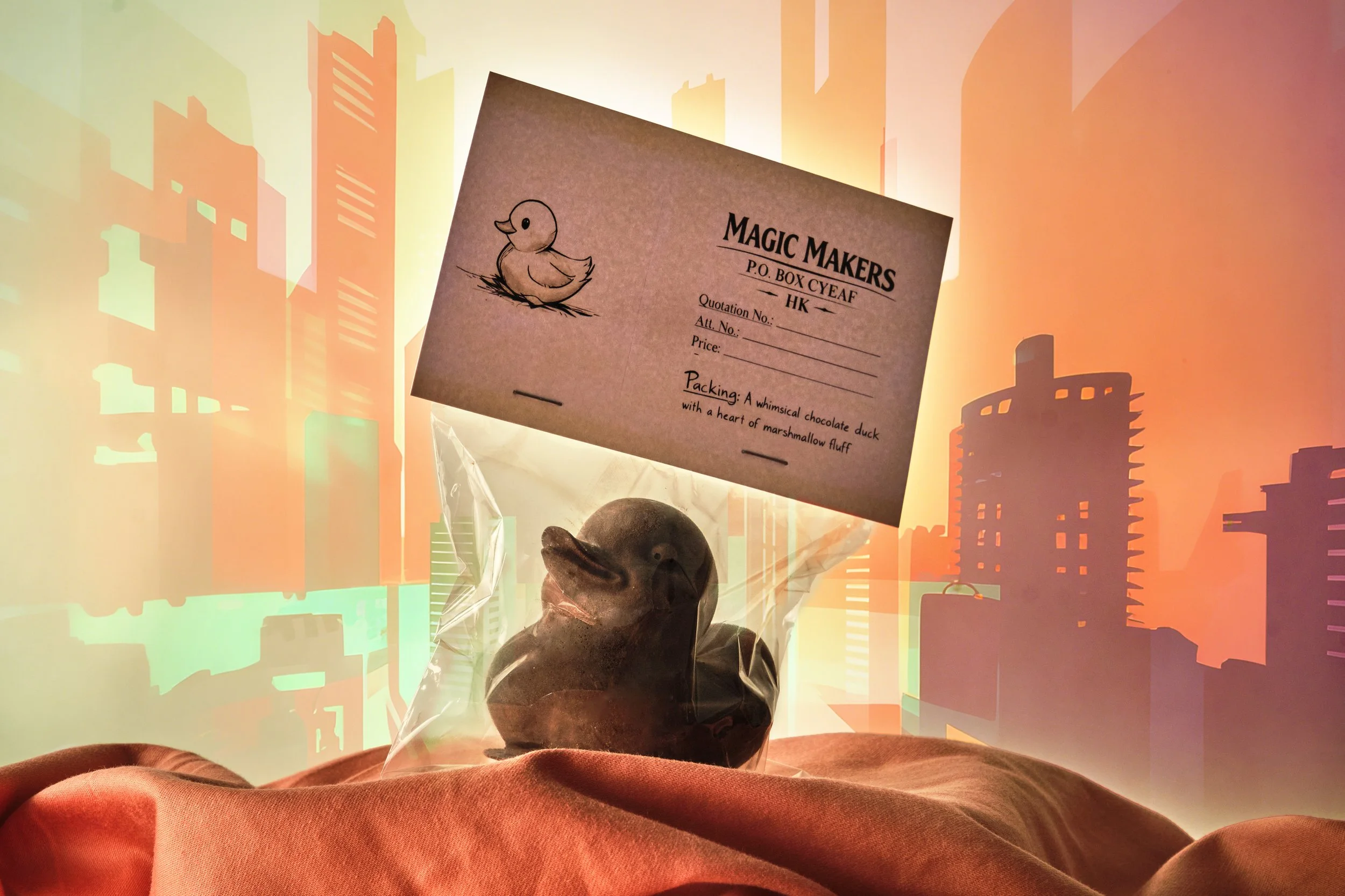 A chocolate duck-shaped treat in a bag with a whimsical label that reads 'Magic Makers' and features a cartoon duck, set against a background of stylized city buildings with a sunset sky.