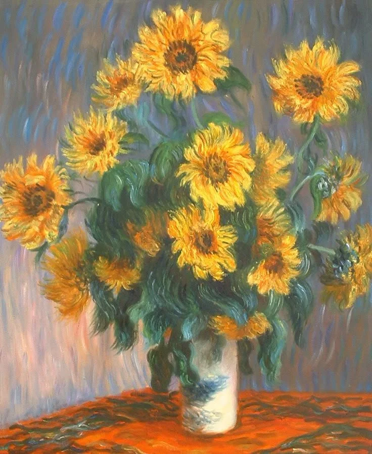 A oil painting of a bouquet of bright yellow sunflowers in a white vase, placed on a reddish-brown table, with a background of swirling blue and purple strokes.