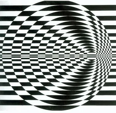 Optical illusion with black and white concentric circles creating a tunnel effect.