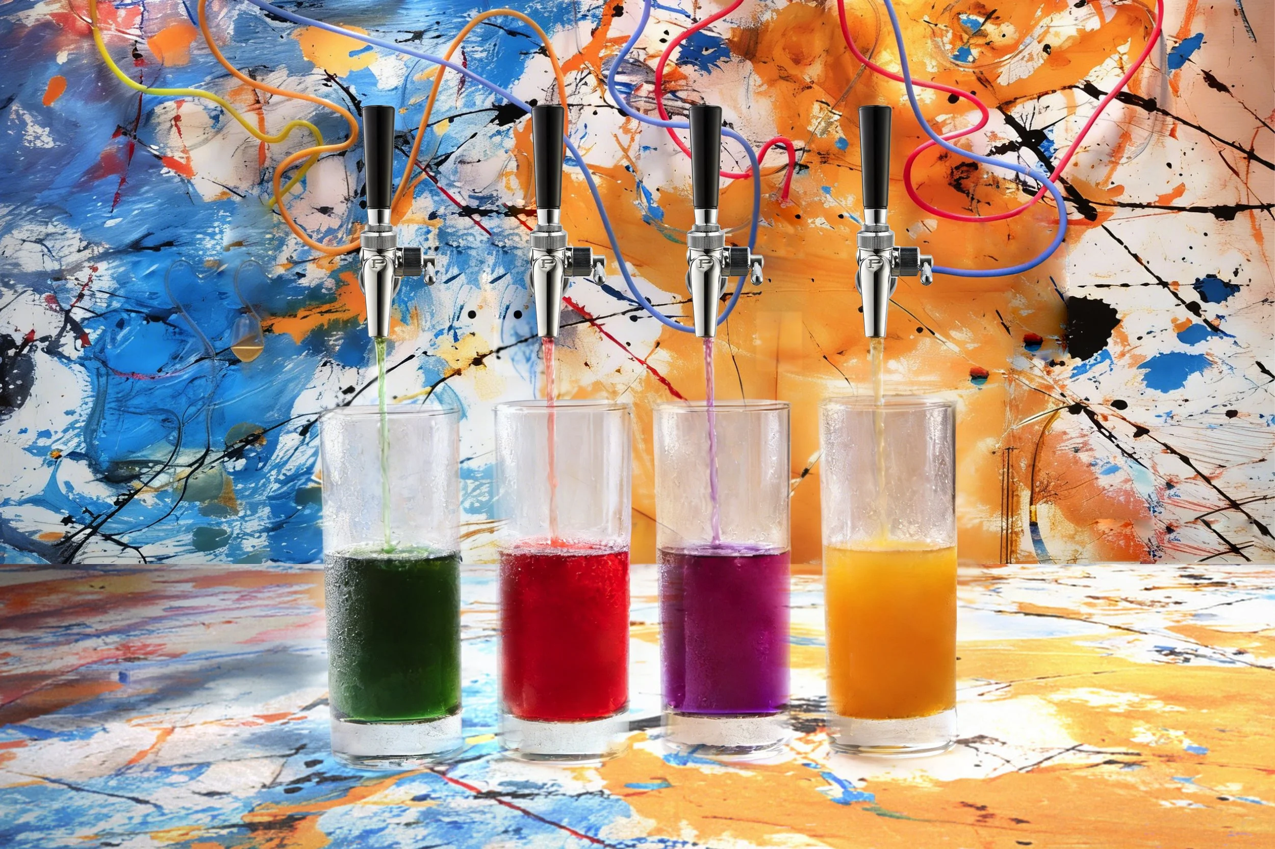 Four colorful liquids (green, red, purple, yellow) are being poured into glasses from tap handles against an abstract splash paint background.