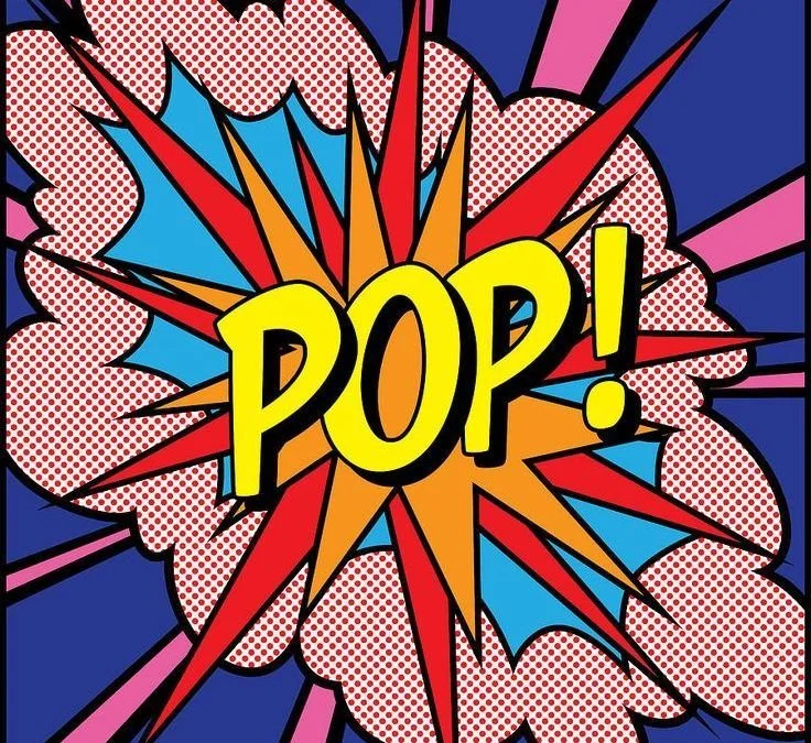 Comic book style explosion with the word 'POP!' in bold yellow letters, surrounded by colorful burst lines.