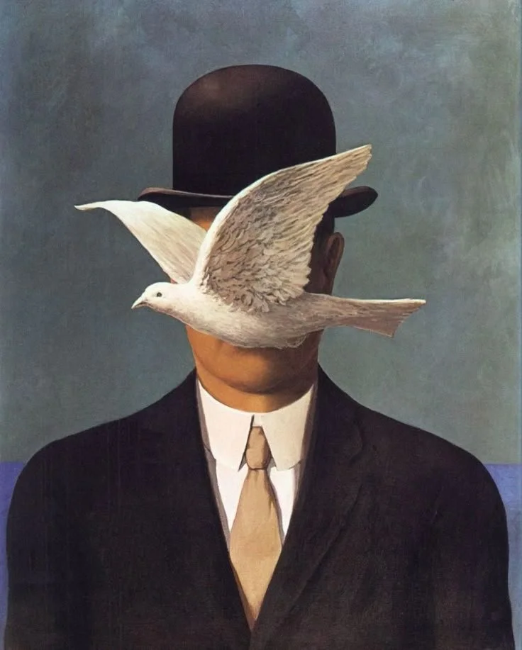 A surreal painting of a man in a suit, tie, and bowler hat, with a dove flying across his face, obscuring his facial features, against a background of sky and sea.