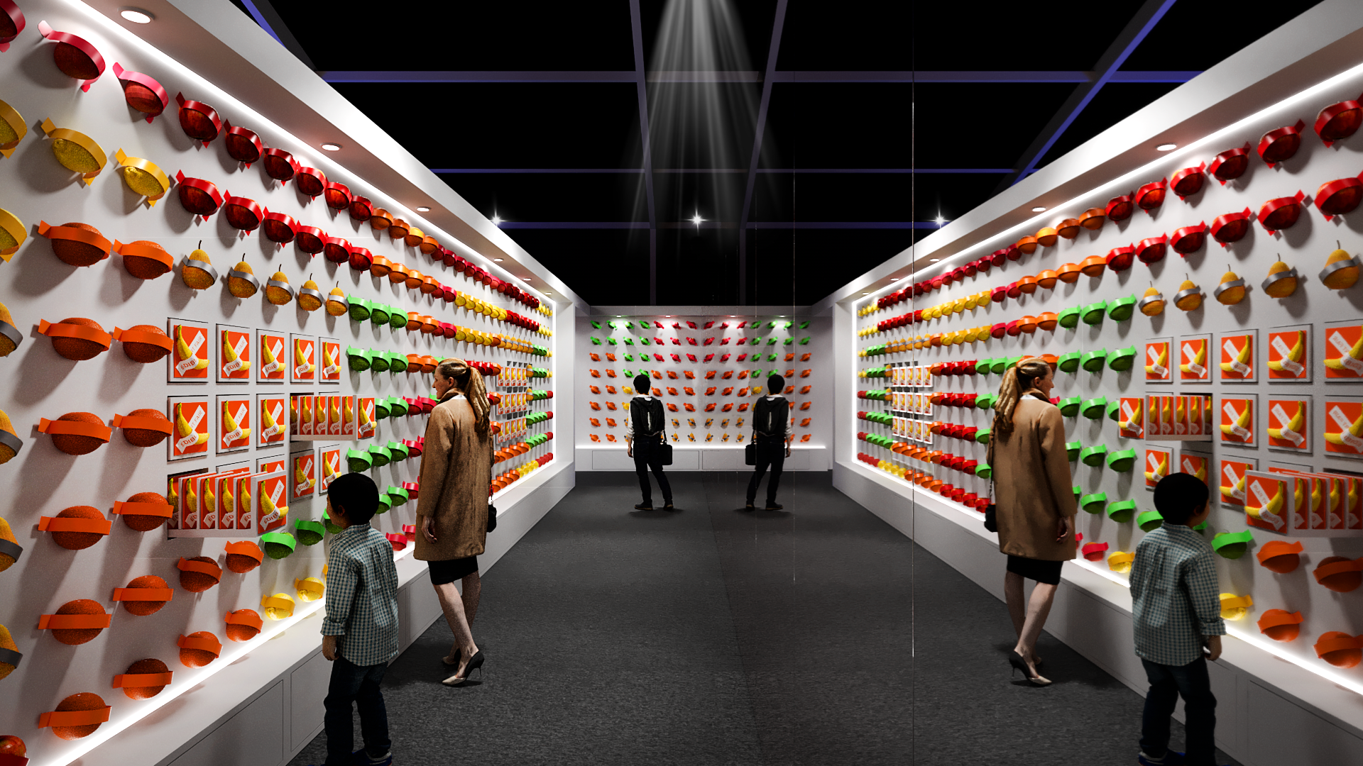 Colorful wall display with various objects in an art or exhibit space, with people observing.