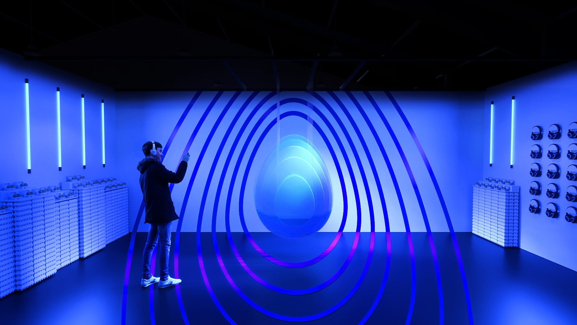 Person wearing headphones and holding a smartphone in a dimly lit room with blue neon lights and concentric ring patterns on the wall.