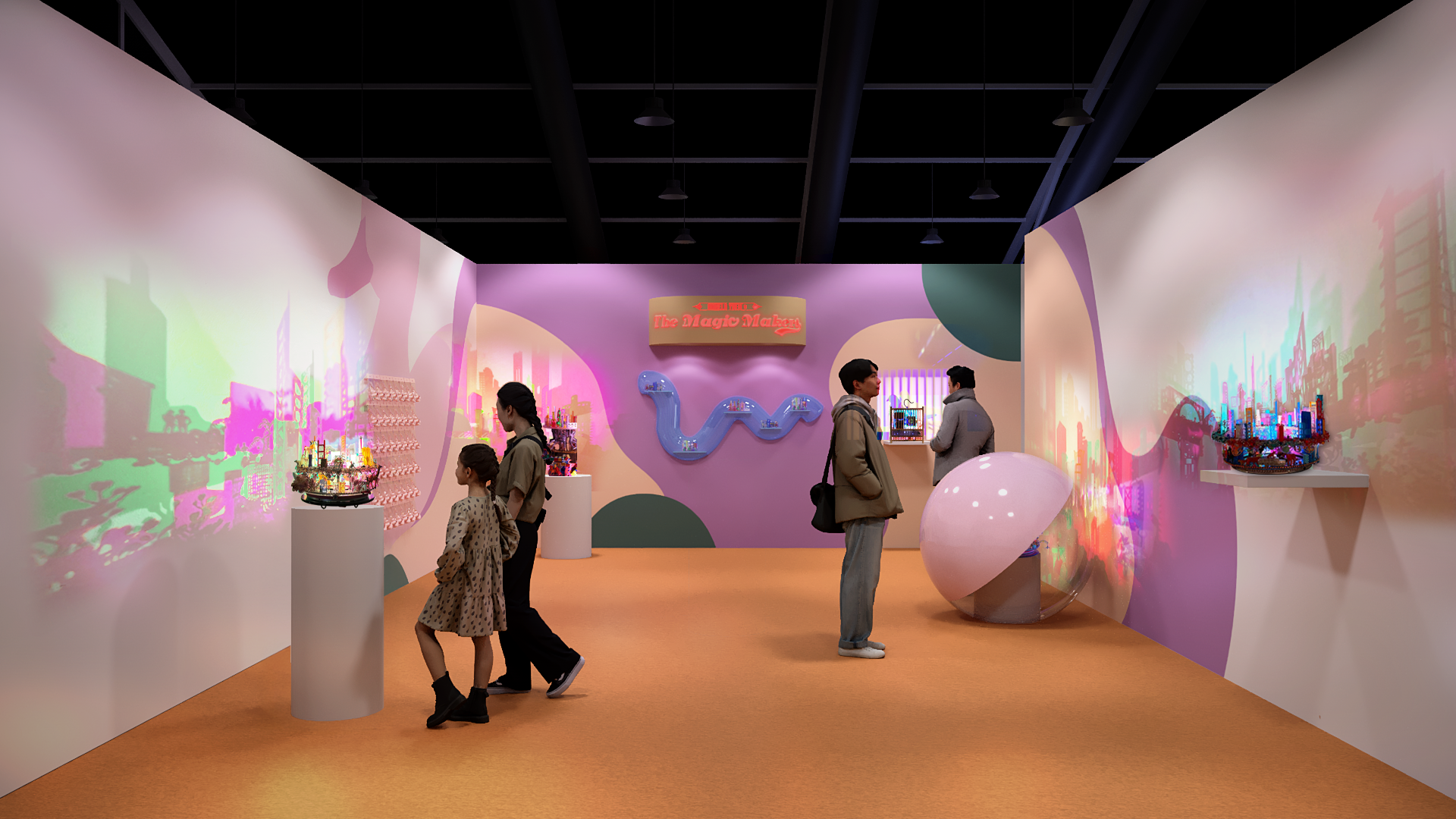 An indoor art exhibit with pastel-colored walls and cityscape projections. Four people, including two children, observe colorful art pieces displayed on pedestals and shelves. A purple curved shelf on the back wall holds small art objects, with a sign above that reads 'The Magic Museum.'