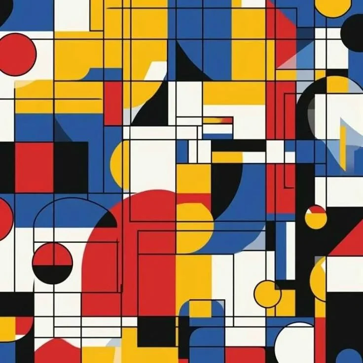 An abstract geometric artwork featuring squares, rectangles, circles, and triangles in primary colors of red, blue, yellow, black, and white.