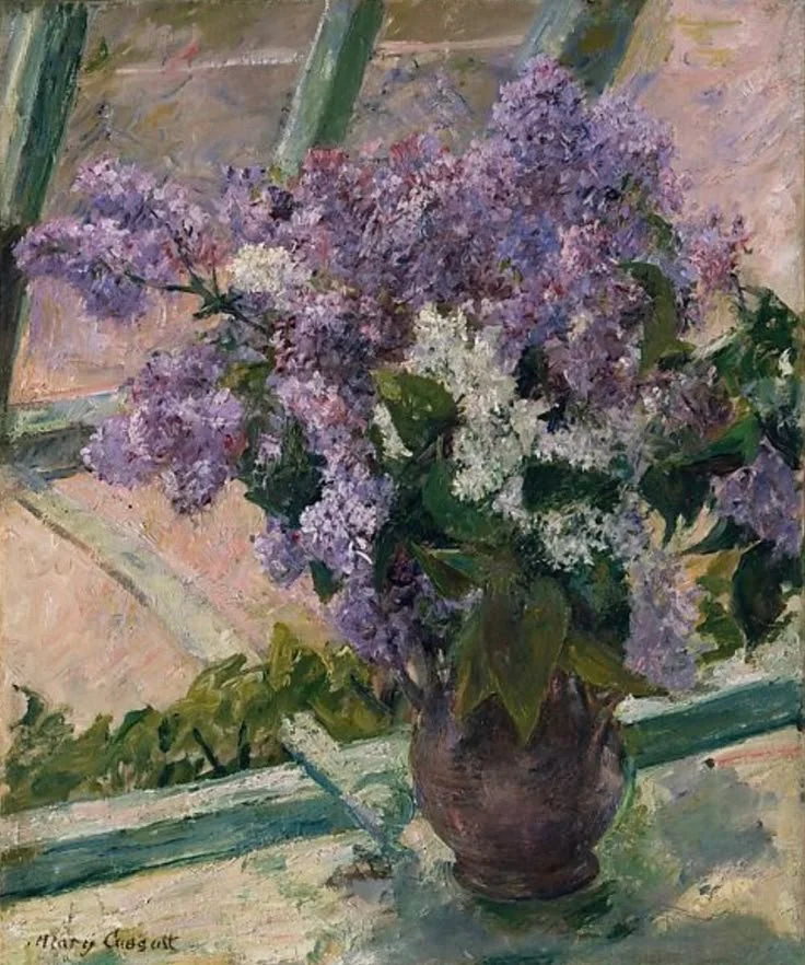 A painting of a brown vase with purple and white lilac flowers on a windowsill, with a background of pastel-colored walls and green window frames.