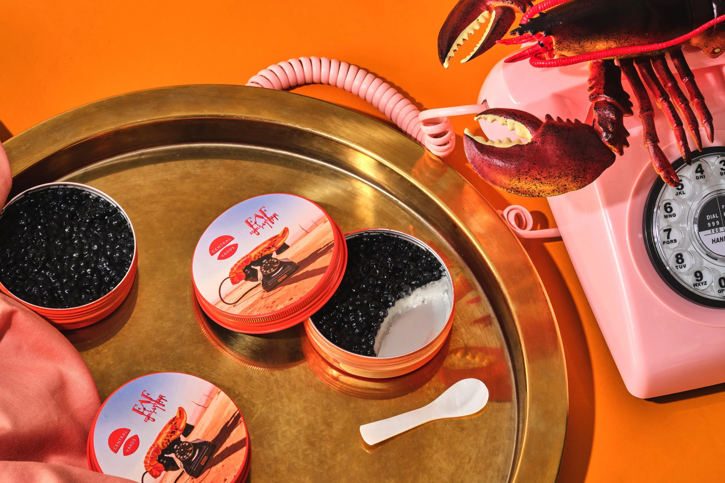 Cans of black caviar, a pink rotary telephone, a pink lobster-shaped email attachment, and a pink silk cloth on a gold tray with a retro theme.