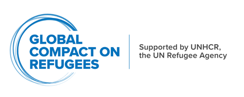 Logo for Global Compact on Refugees supported by UNHCR and UN Refugee Agency.