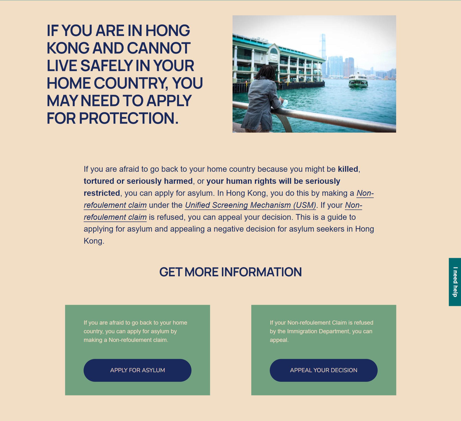 Asylum Guide with details on how to apply for asylum in Hong Kong. It features a photo of a man overlooking Victoria Harbour with skyscrapers and a boat in the background. The text discusses protection, non-refoulement claims, and appeals.