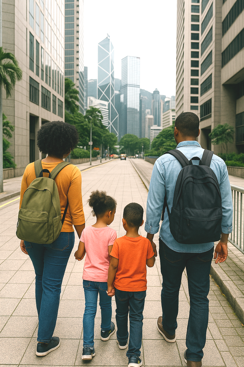 A family of five walking on a city sidewalk, viewed from behind. The city has tall buildings and skyscrapers, with trees lining the street.