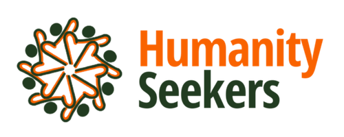 Logo of Humanity Seekers with an orange starburst of interconnected lines and green leaves surrounding it.