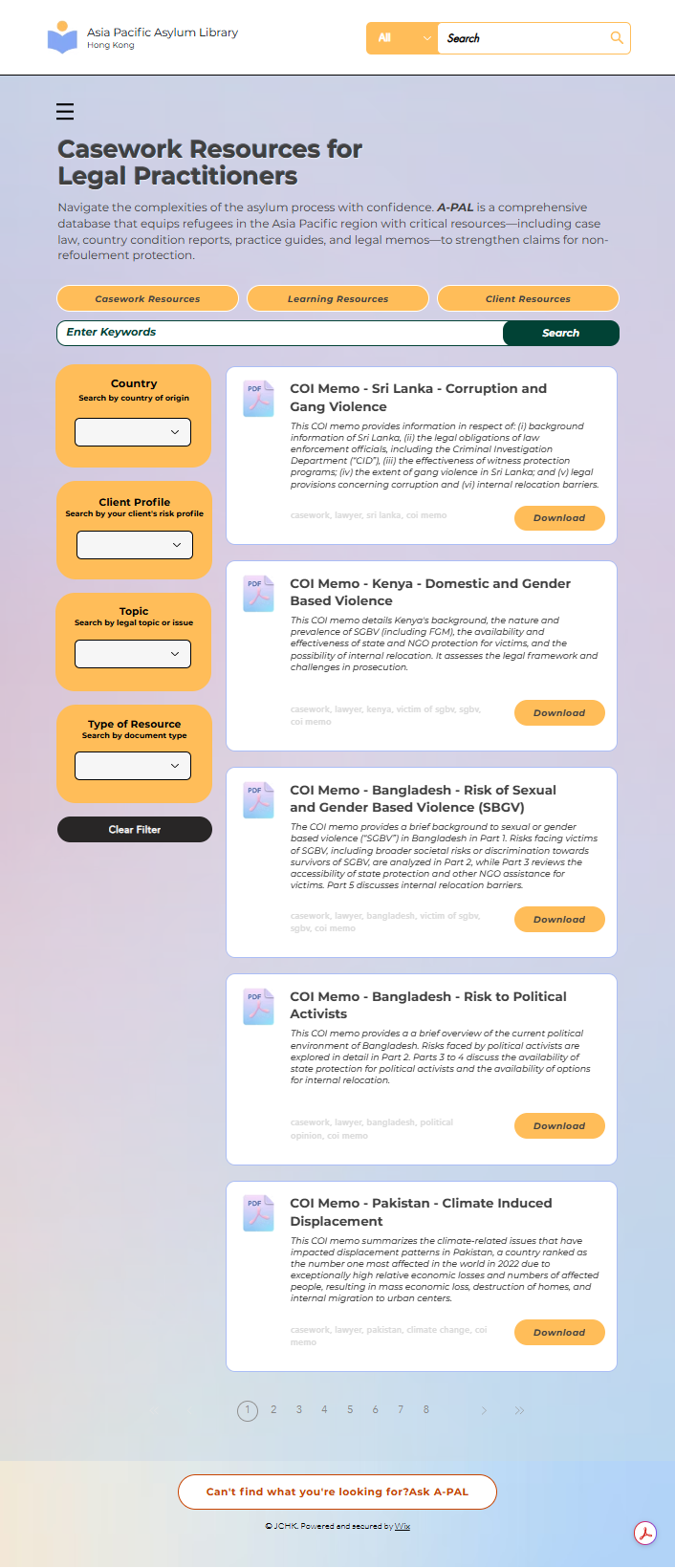 Screenshot of the Asia Pacific Asylum Library website with casework resources for legal practitioners, featuring search options for country, client profile, topic, and document type, and displaying various COI memos related to Sri Lanka, Kenya, Bangladesh, and Pakistan.