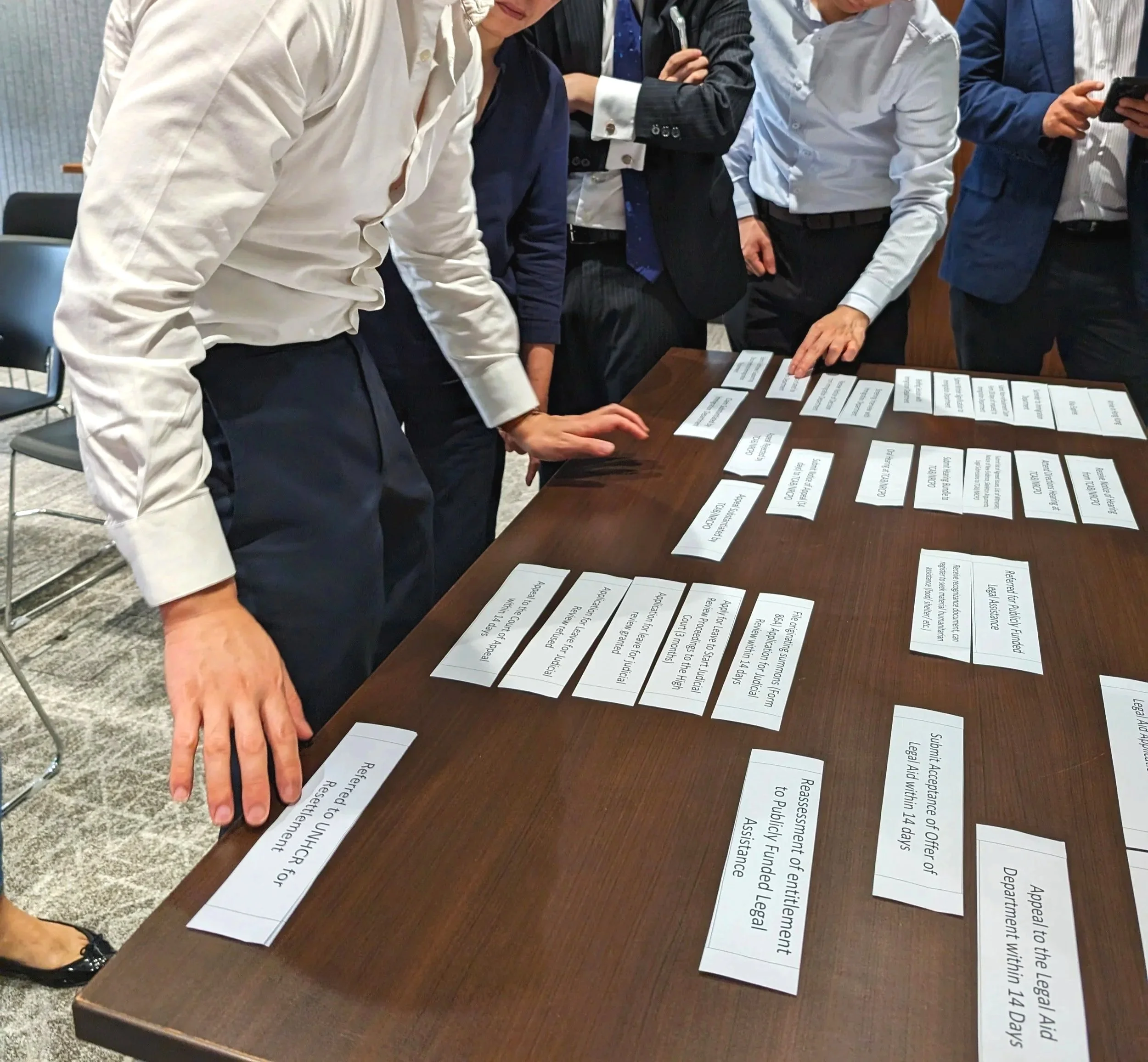 Several people in formal business attire gathered around a table, looking at organized papers and documents laid out on the table.