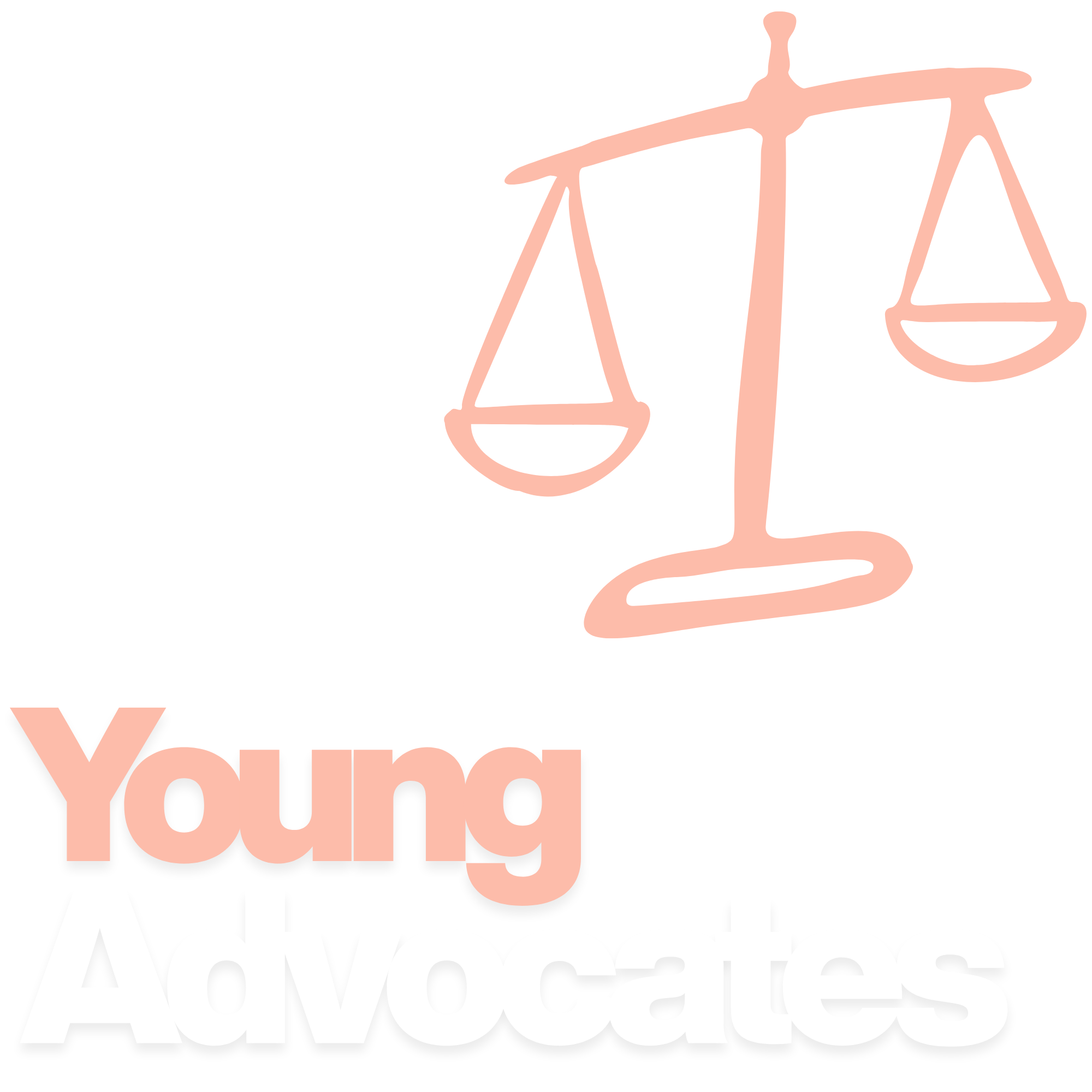 Pink outline of balanced scales behind the words "Advocates" in large, white text on a black background.