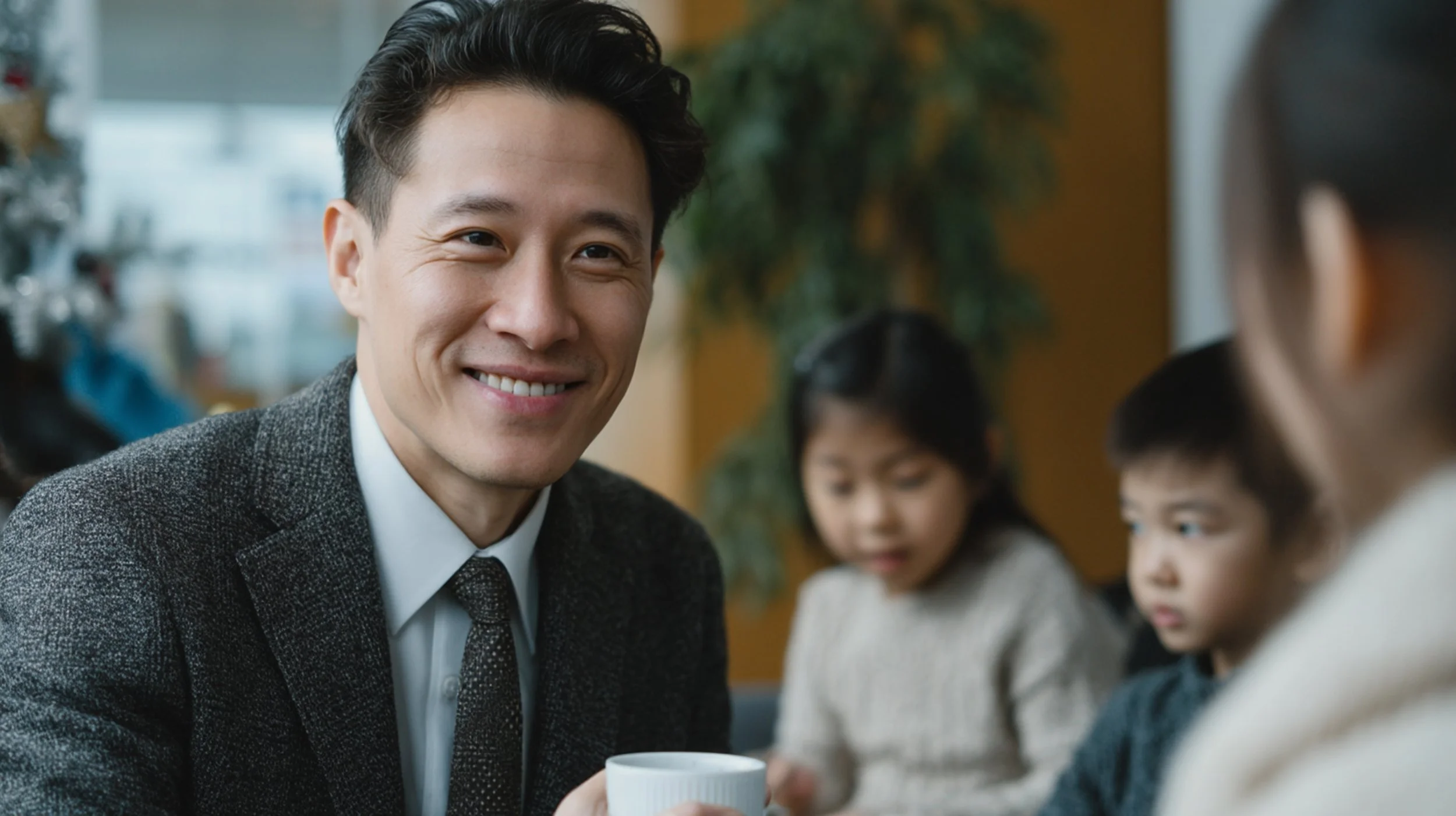 A man with dark hair wearing a suit smiling and holding a white coffee cup, sitting at a table with children in a classroom or cafe setting.