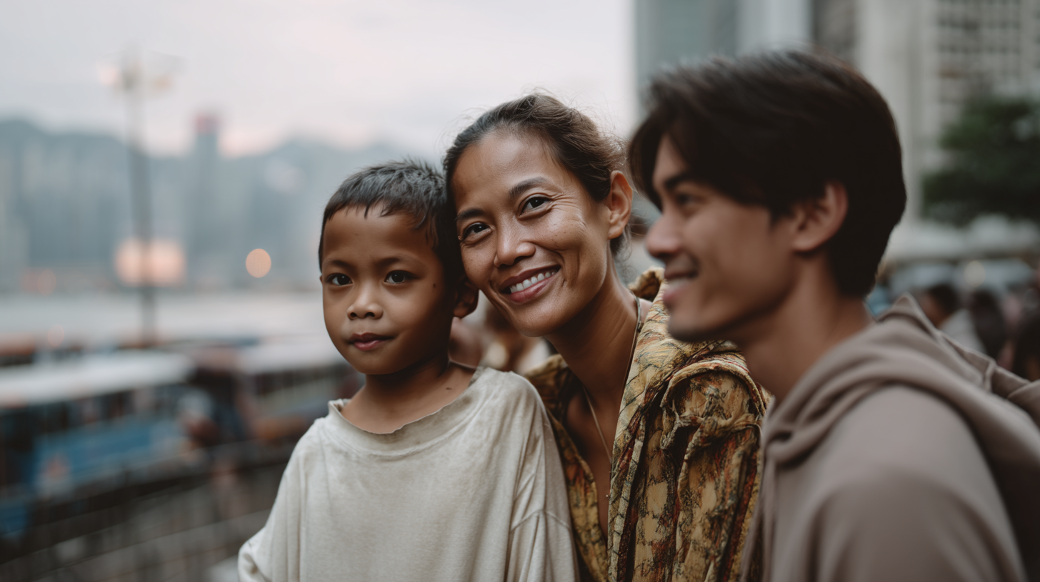 A woman with two boys standing outdoors near a river in an urban area.