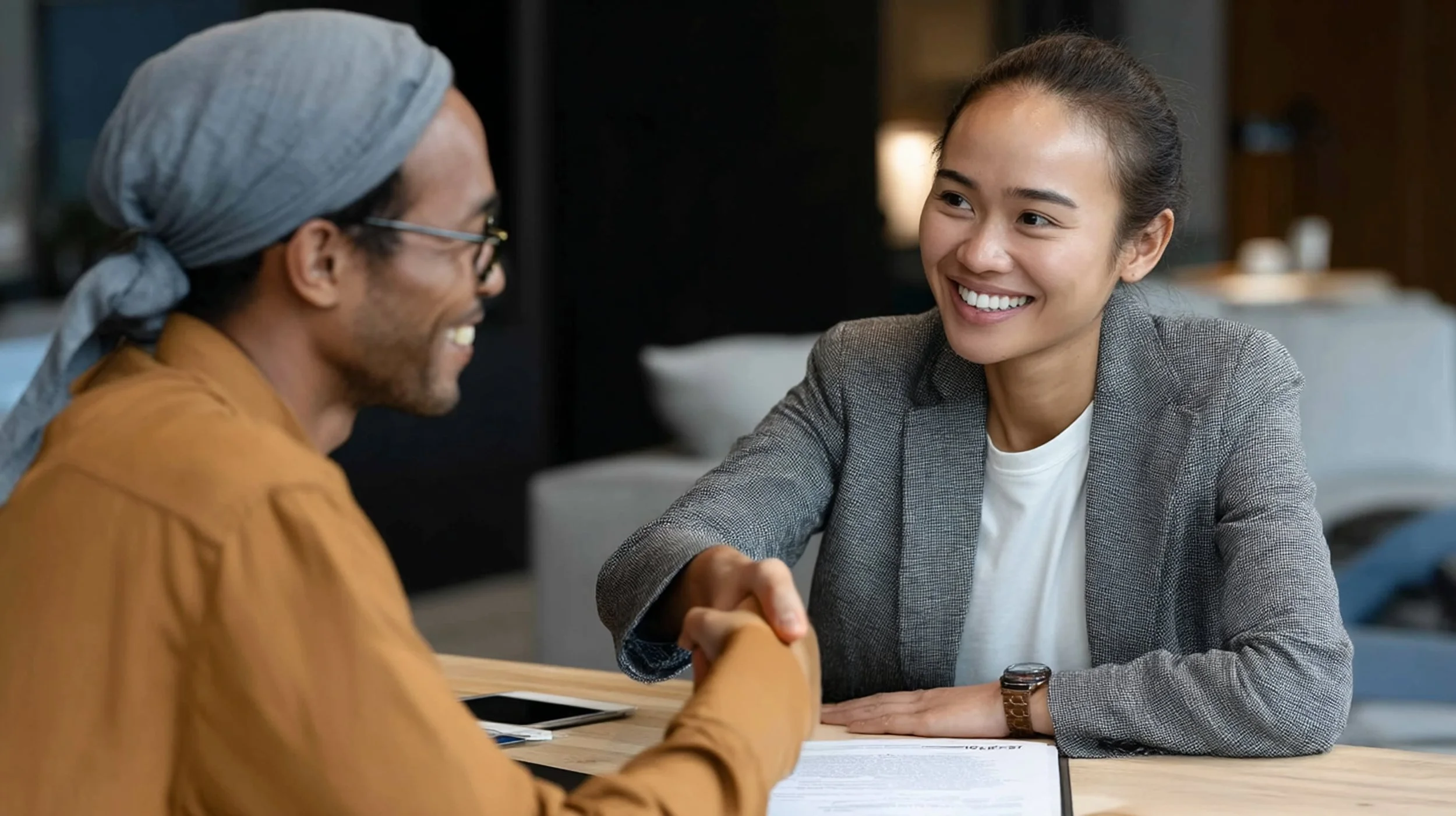 Pro Bono Lawyer shakes hand with client