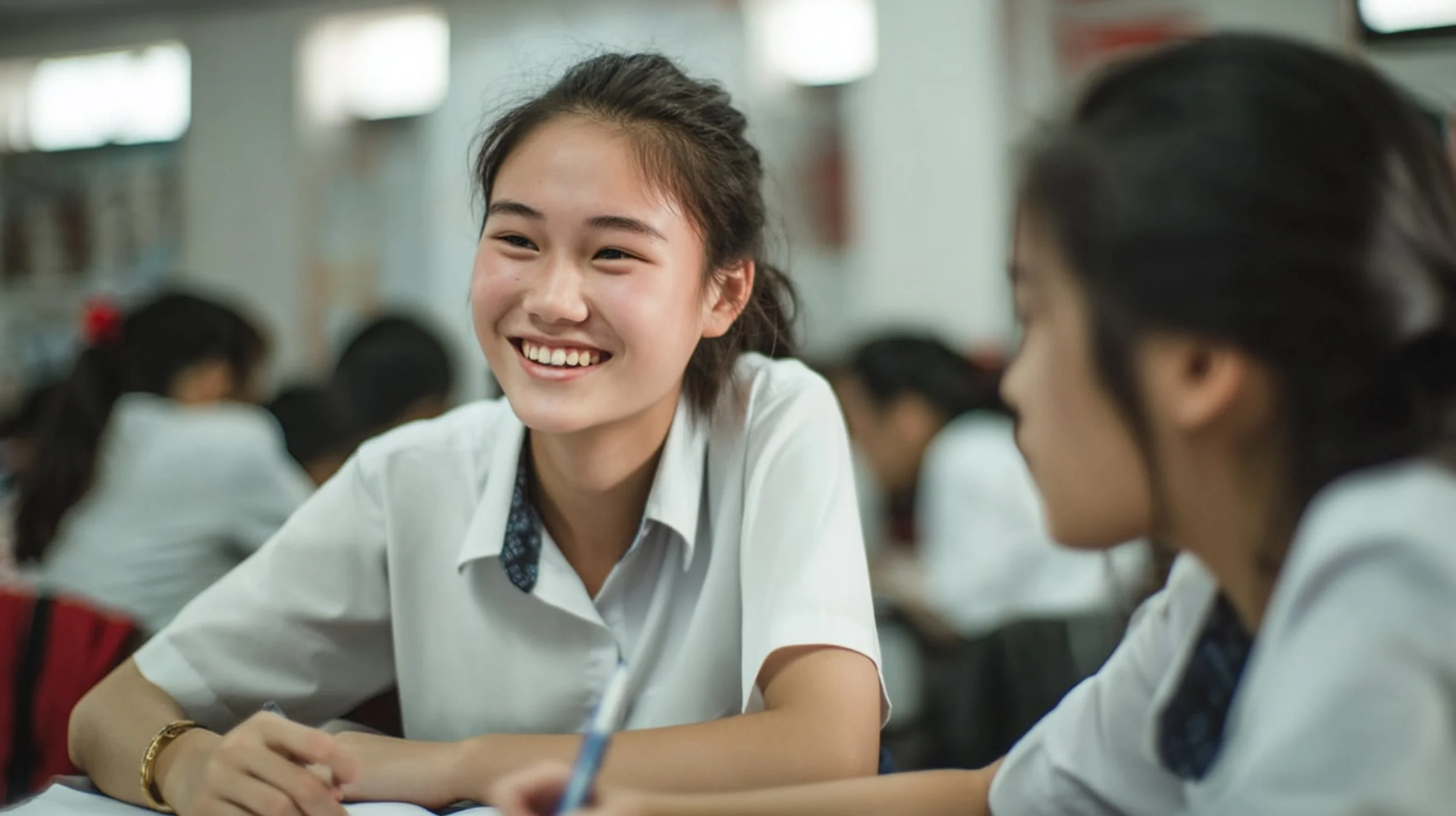 Smiling girl with dark hair tied back, sitting at a desk in a classroom, engaged in conversation with another student.