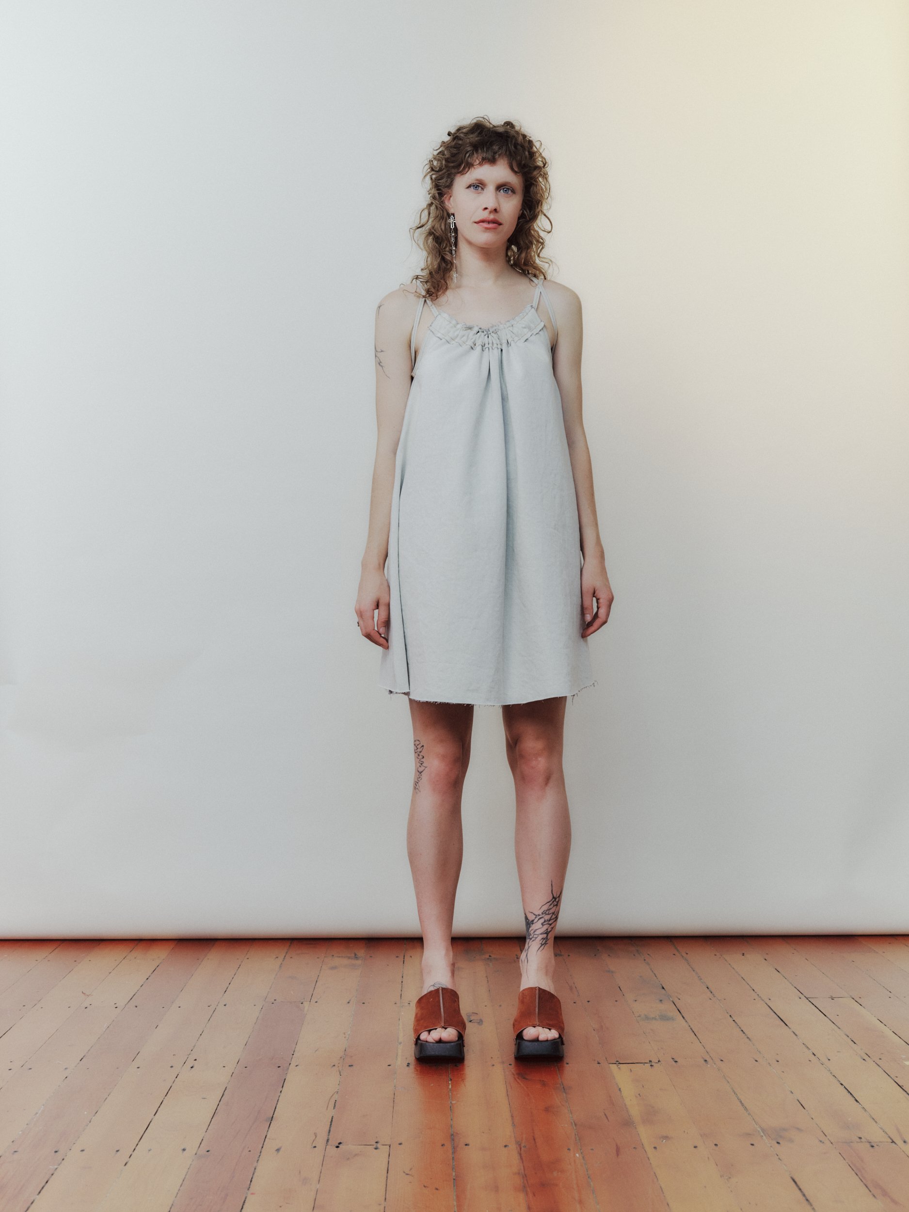 Daf Nimkovsky Woman in White Nippers Mini Dress in Denim Front