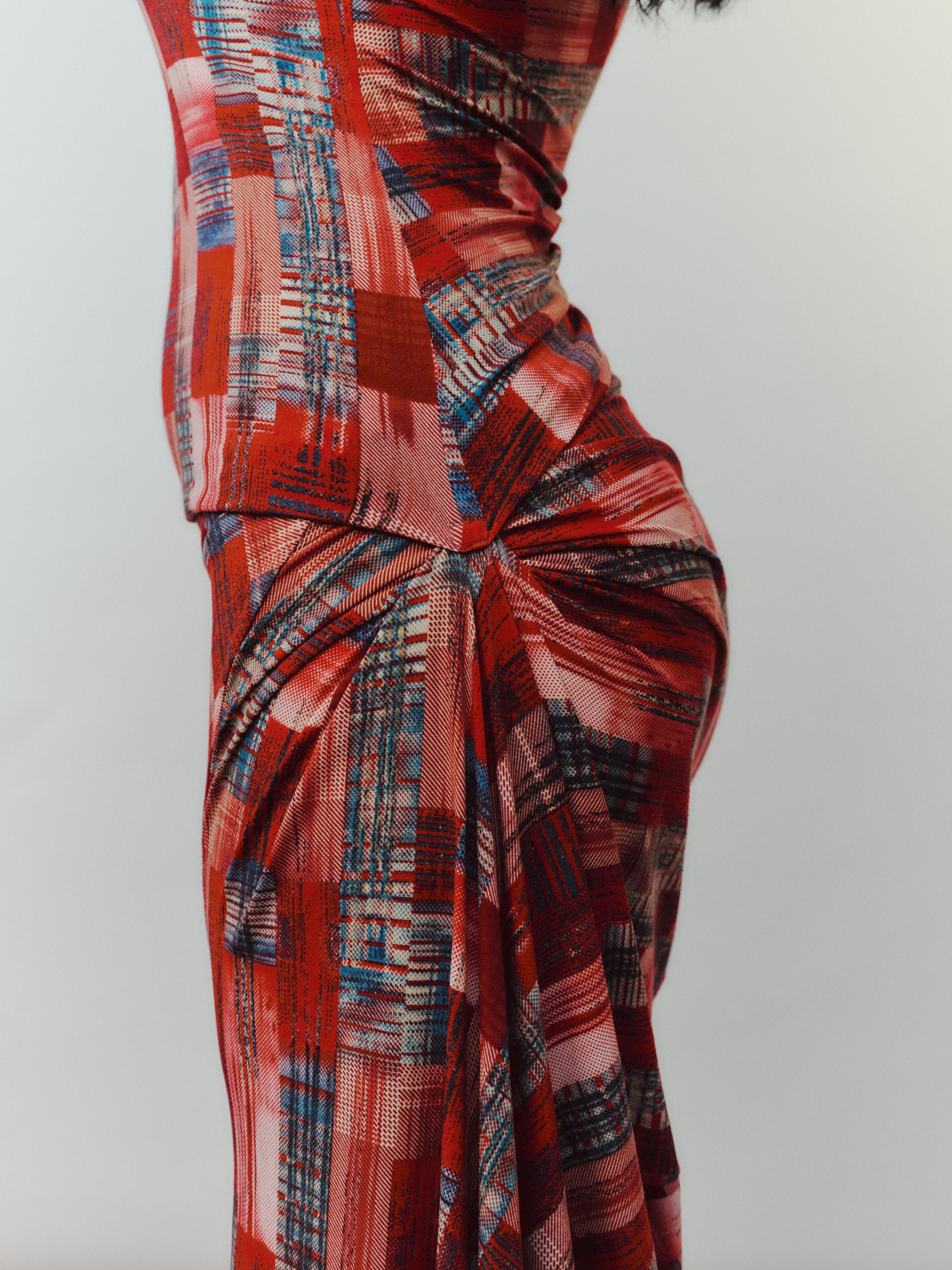 Daf Nimkovsky Woman in Red Wabi Dress Close Up