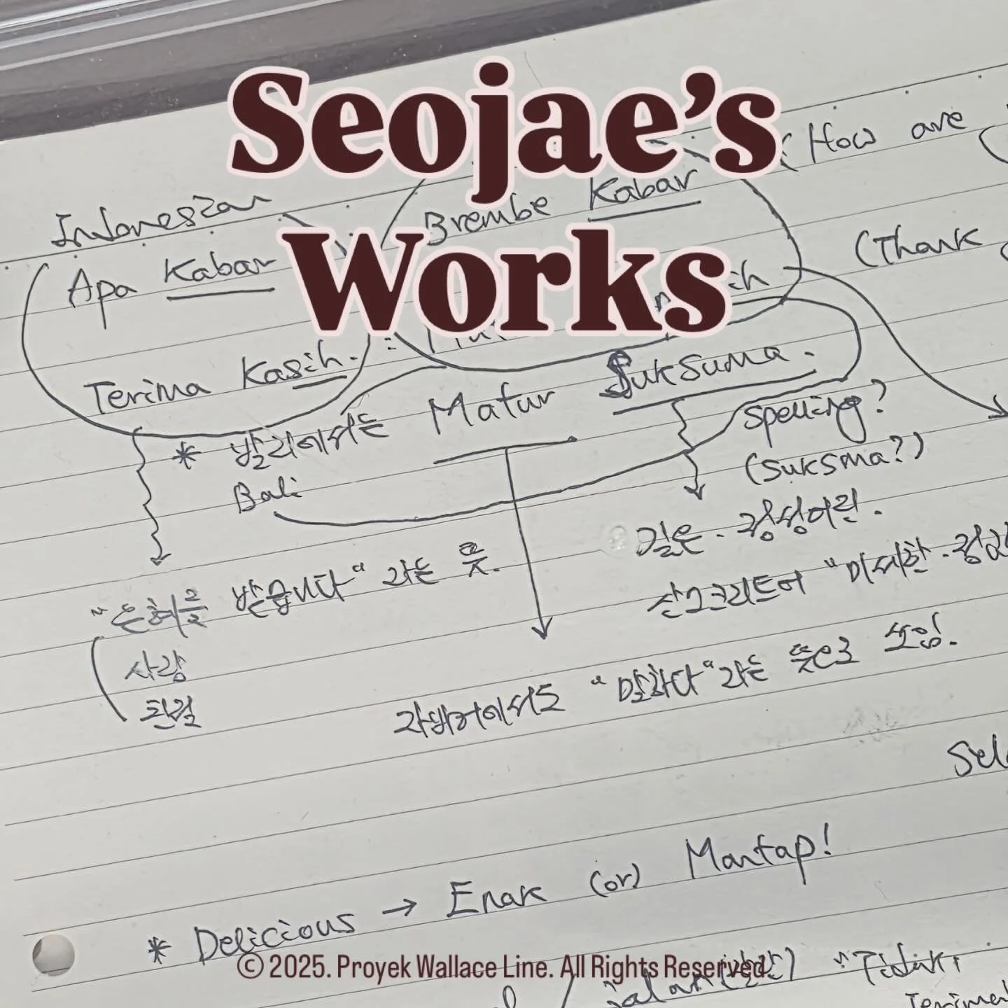 Proyek Wallace Line - Jeju Story 06

📚Soejae&rsquo;s Works📖 

번역가이자 해양환경전문출판사 한바랄을 운영하는 서서재는 월리스 라인을 넘나들며 발리와 복의 다양한 단어를 수집했다. 인도네시아에는 표준어가 있지만, 발리와 롬복은 여전히 각 각 발리어와 사삭어라는 고유어를 자주 쓴다. 월리스 또한 연구 에서 두 지역의 생태적인 다양성을 비롯해 언어 다양성을 언급 했다. 이러한 맥락에서 서서재는 월리