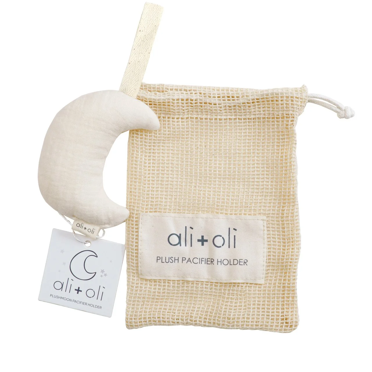 Ali+Oli Plush Moon Pacifier Holder Muslin Ivory