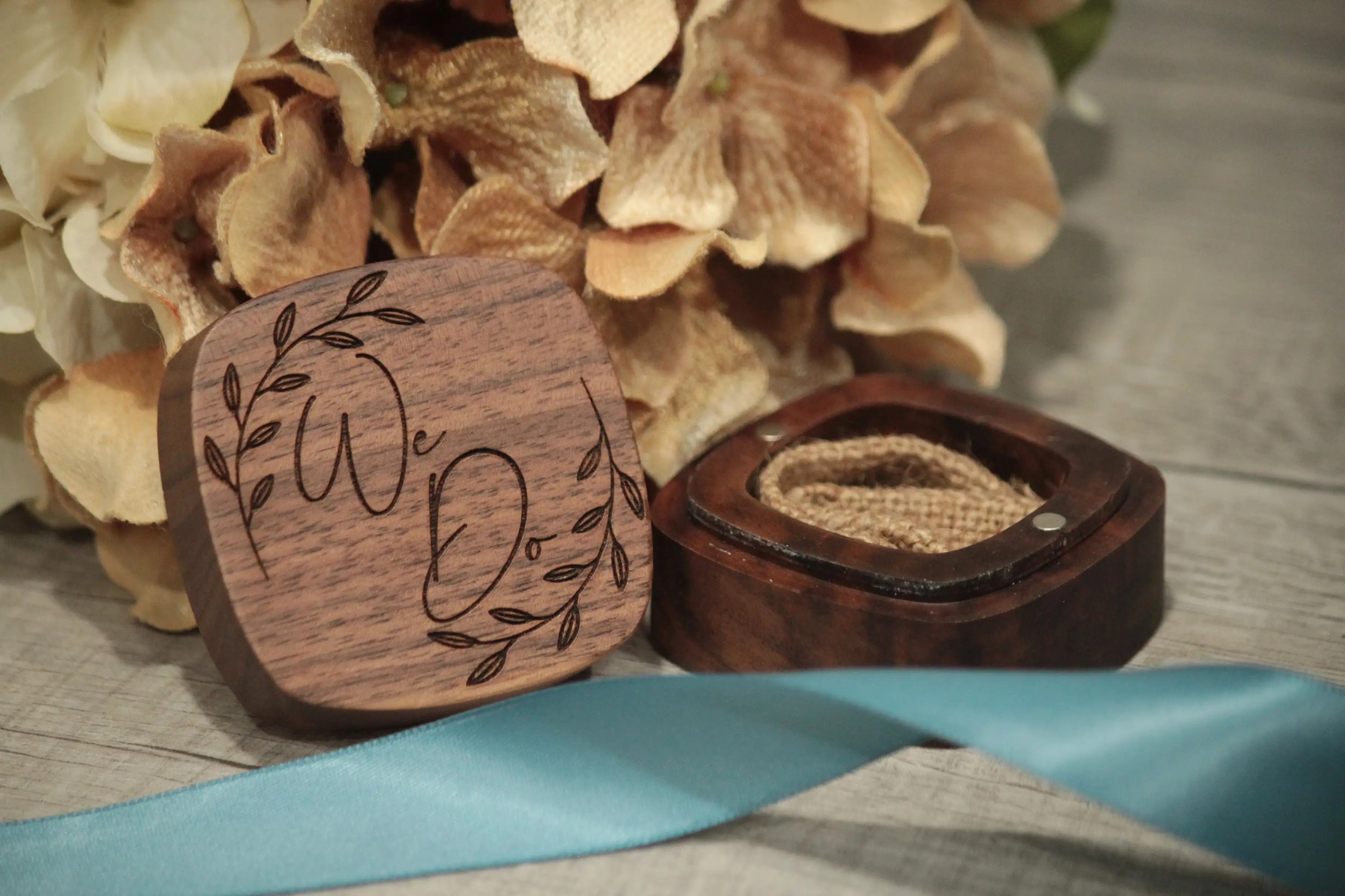 Wooden Ring Box - "We Do" in Wreath Design