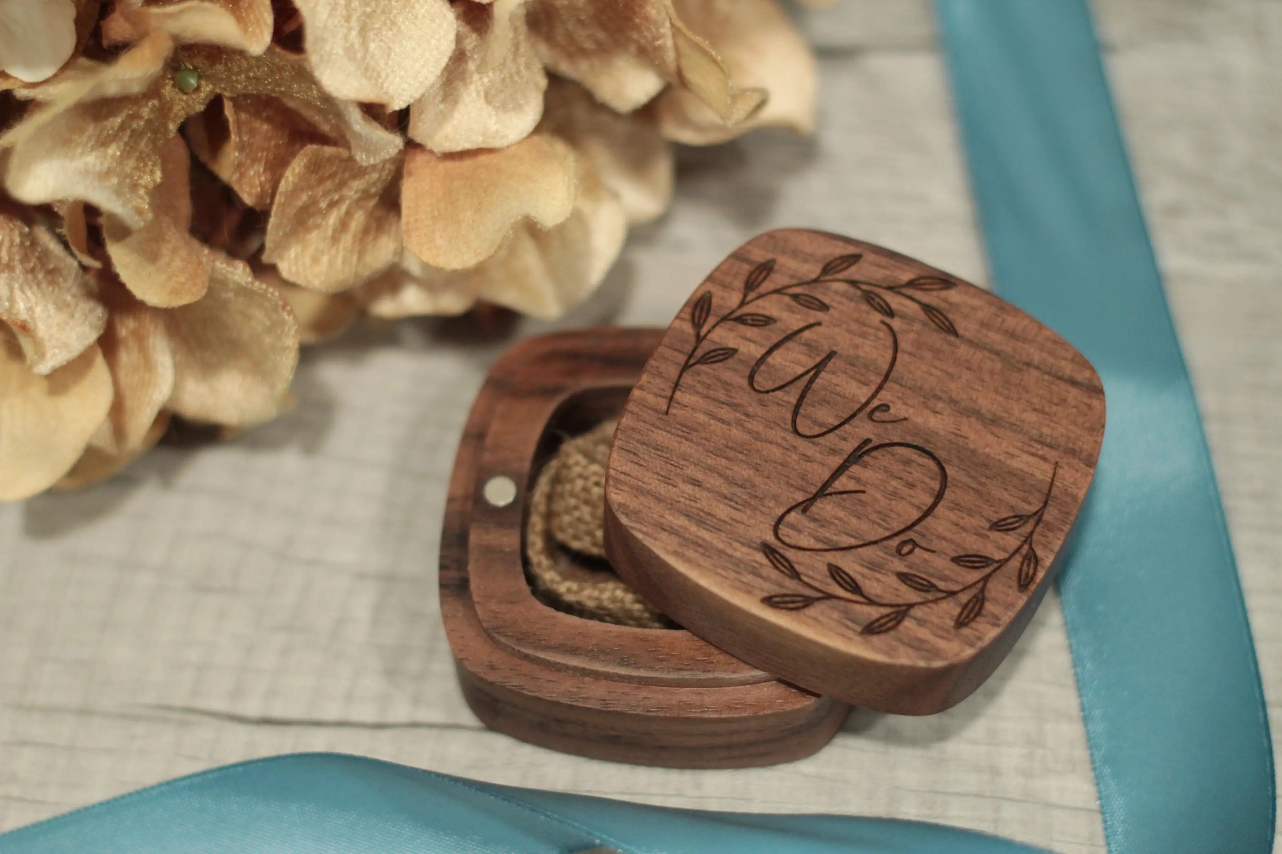 Wooden Ring Box - "We Do" in Wreath Design