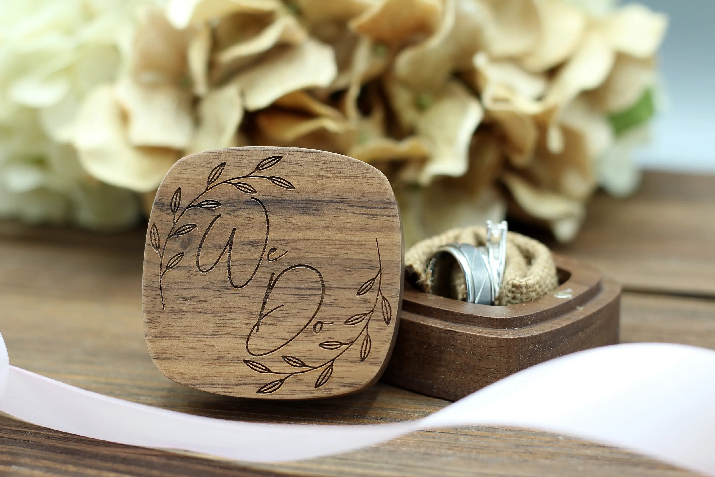 Wooden Ring Box - "We Do" in Wreath Design