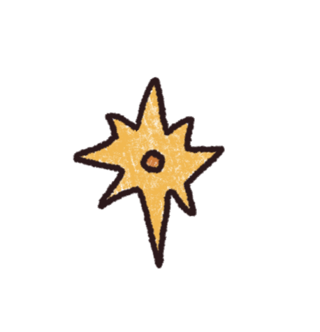 A stylized, cartoonish star with a small circle in the center and six points, colored in yellow with a dark outline.