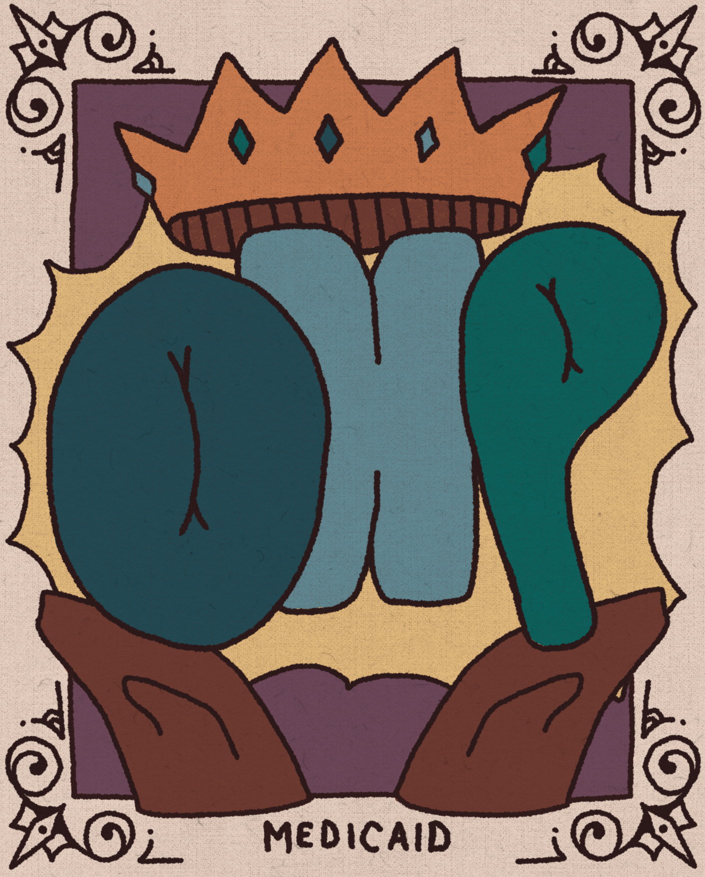 Colorful illustration with the word 'OOP' in large letters, a crown, hands holding the letters, and the word 'Medicaid' at the bottom, surrounded by ornate decorative elements.