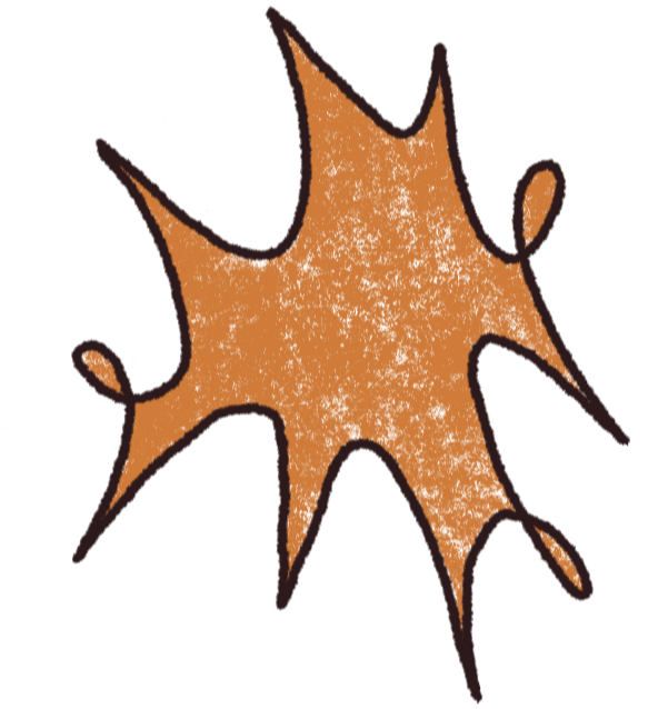 Cartoon doodle of a orange-colored star-shaped object with uneven spiky edges, outlined in black.