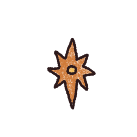 Stylized brown-orange star or sparkle with a yellow circle, outlined in black.