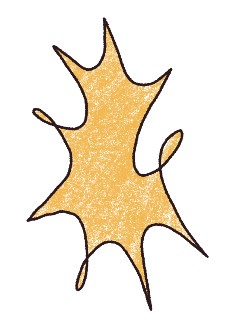 Cartoon doodle of a yellow-colored star-shaped object with uneven spiky edges, outlined in black.